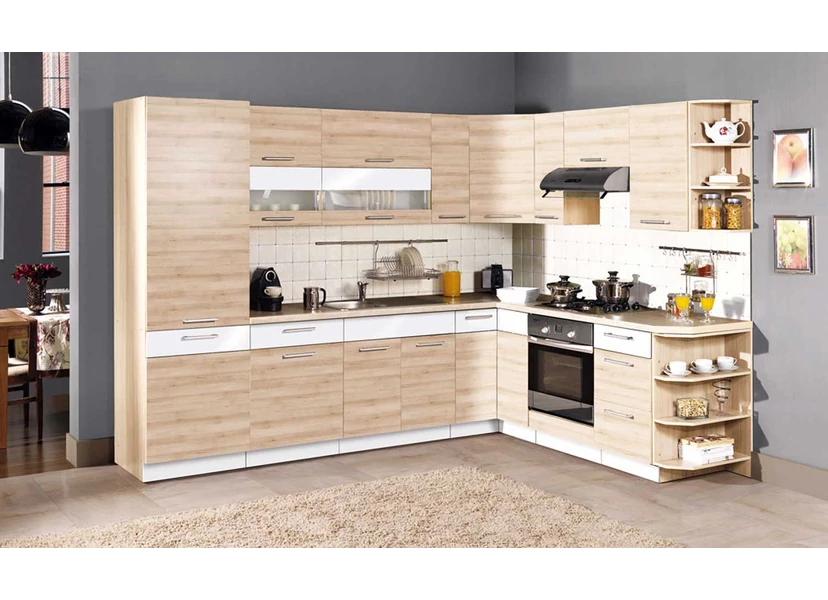Modena 290x215 L alakú konyha bükk – fehér