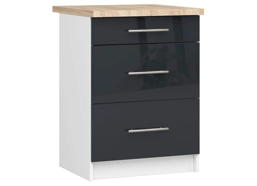 OLIWIA Alsószekrény 60cm 3 fiókkal Fehér / Fényes Grafit