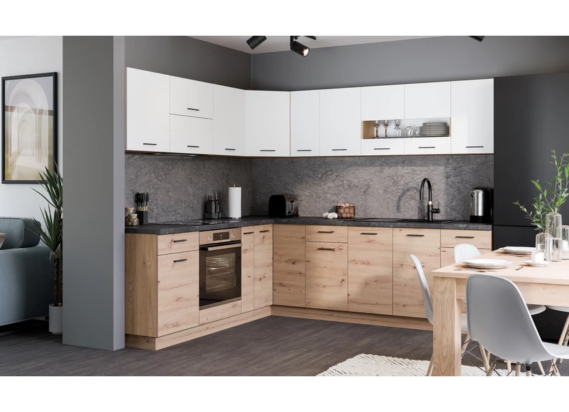 PATI Sarok Konyhablokk „L” alakú 220x250cm Fehér és Artisan tölgy színben