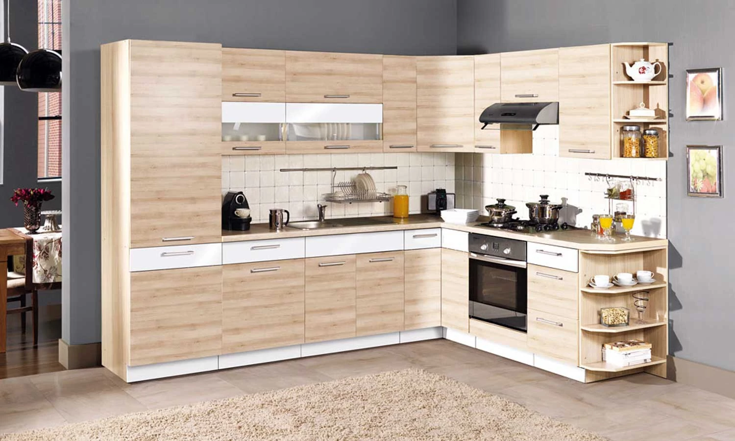 Modena 290x215 L alakú konyha bükk – fehér