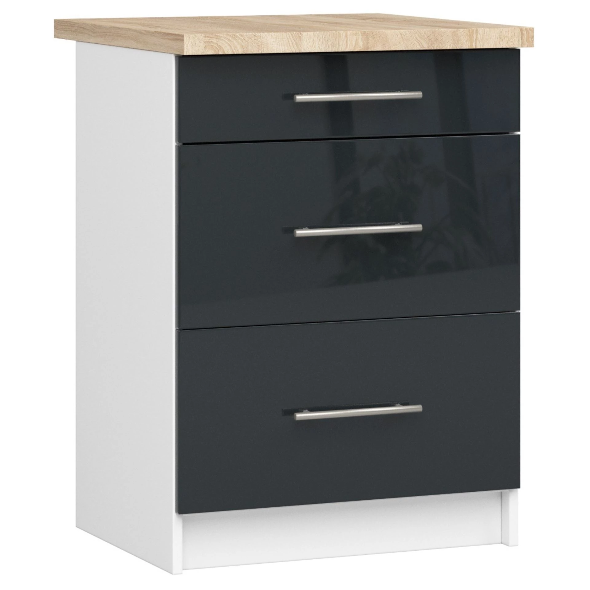 OLIWIA Alsószekrény 60cm 3 fiókkal Fehér / Fényes Grafit